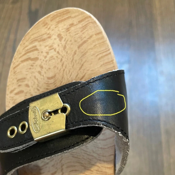 DR SCHOLLS Vintage 1980s black leather wooden The Original Sandal Exercise - Picture 9 of 14